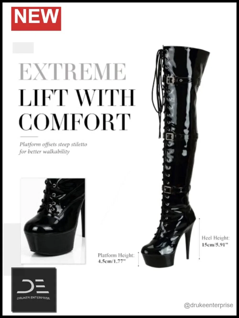 SheSole Patent Leather Thigh High 15CM Stiletto Heel Dancer Boots Zipper Lace